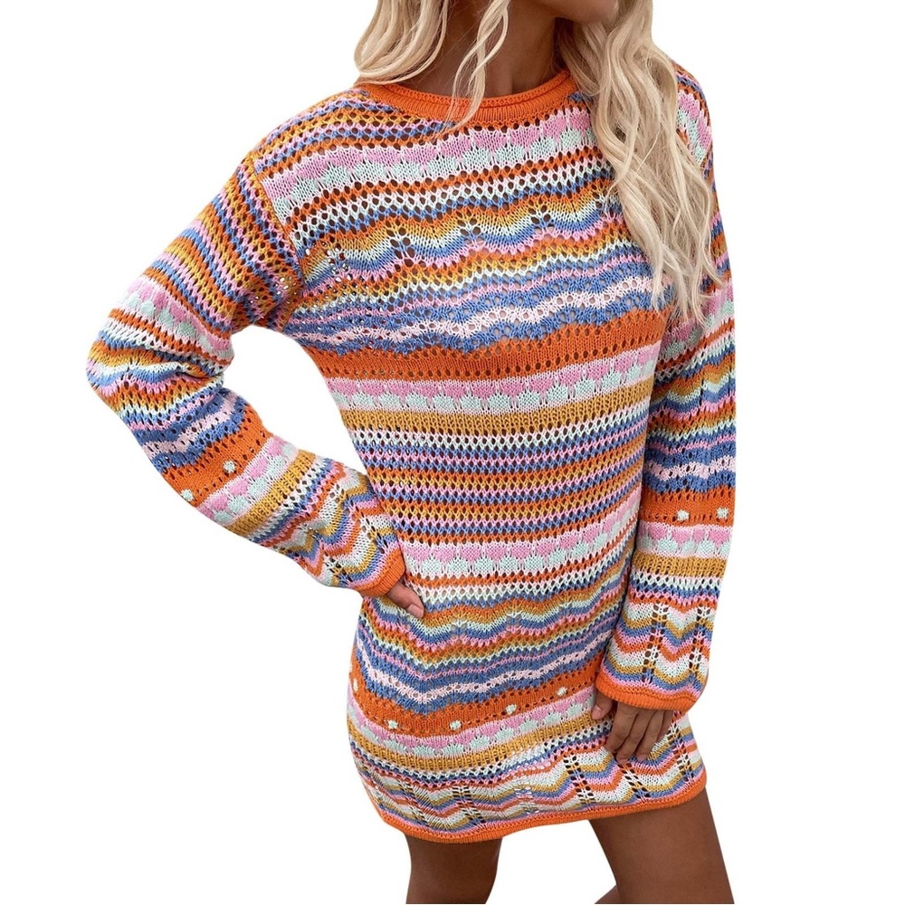 Colorful Striped Knit Sweater Dress